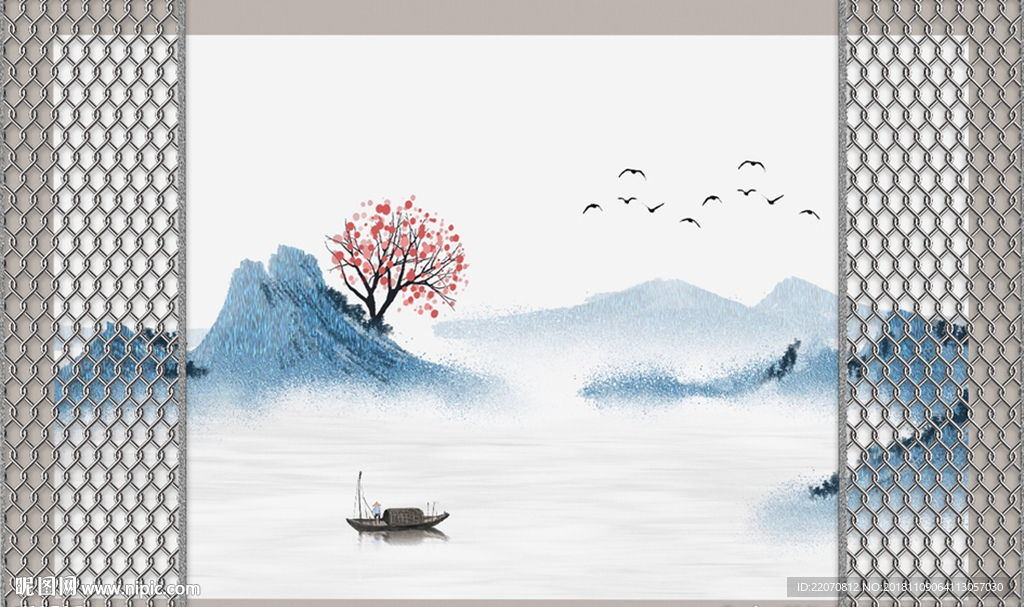 中式意境蓝色水墨飞鸟山水背景墙
