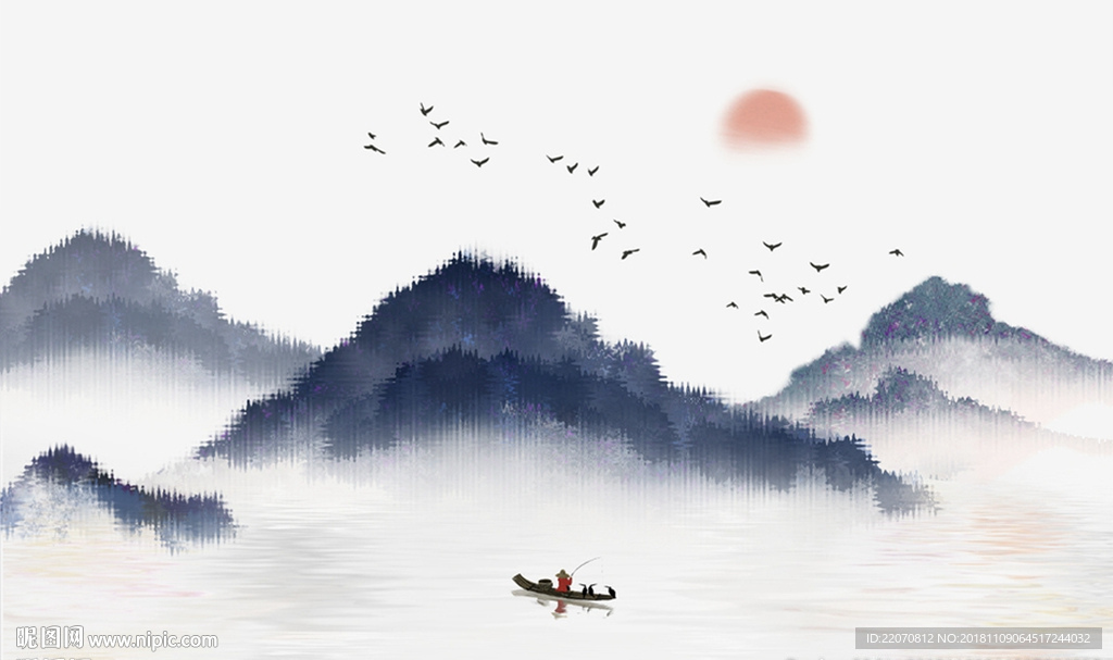 中式意境抽象蓝色山水背景墙