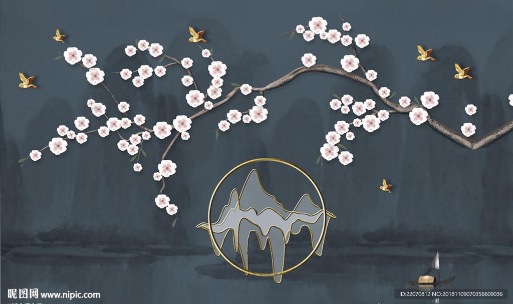 水墨山水梅花背景墙