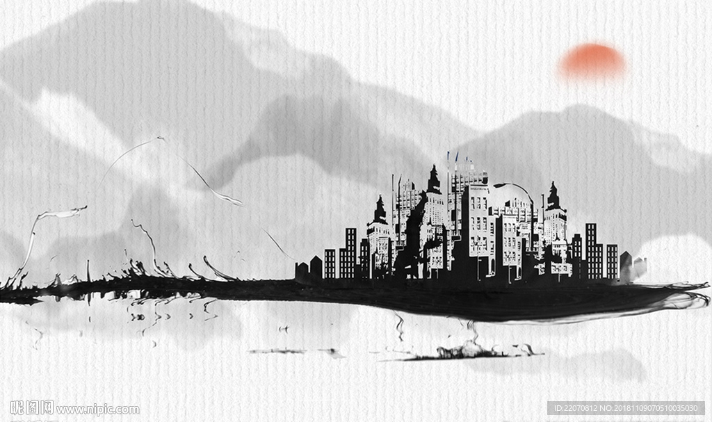 中式水墨山水高楼城市背景墙