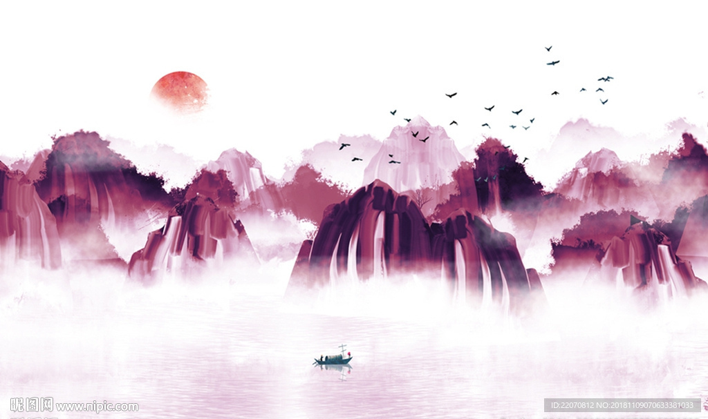 中式水墨山水飞鸟夕阳背景墙