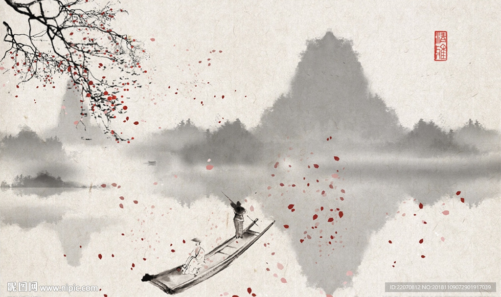中式手绘水墨山水梅花背景墙