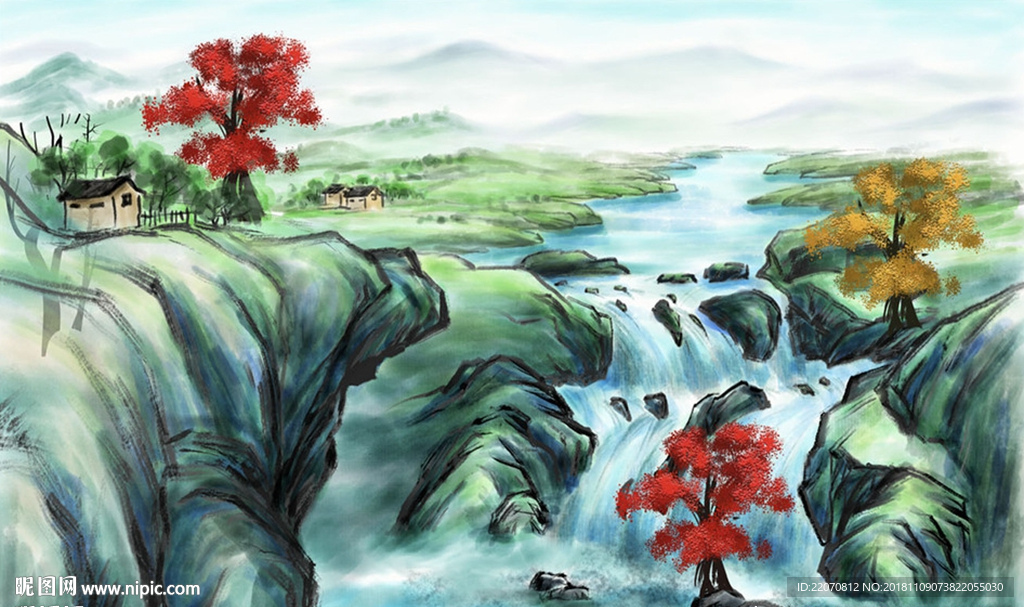 中式山水小溪背景墙