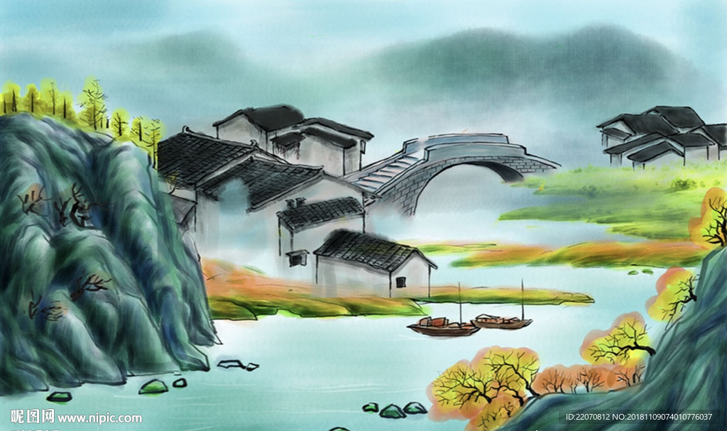 中式山水水墨河边村落背景墙