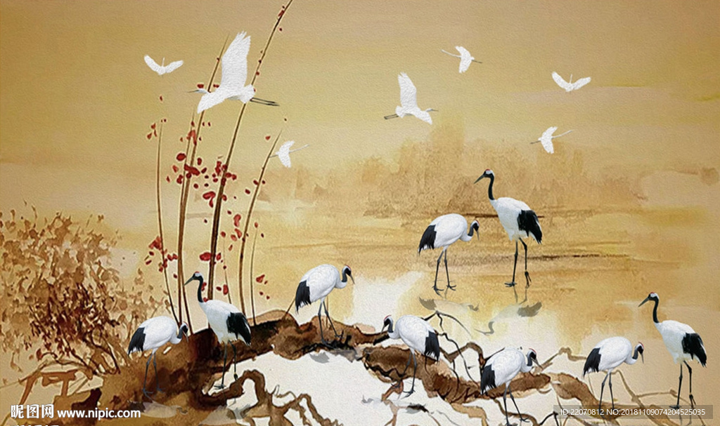 中式山水白鹤背景墙