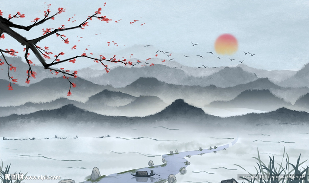 淡雅远山小溪流水风景背景墙