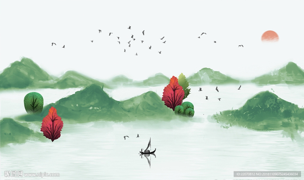 中式绿色意境清山水背景墙