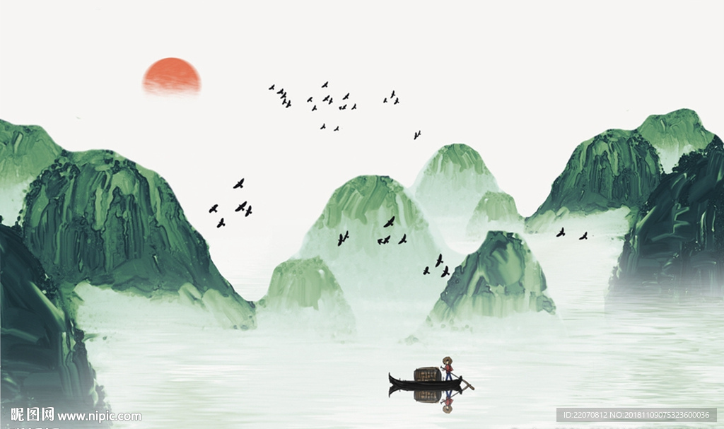 中式绿色意境清山水背景墙