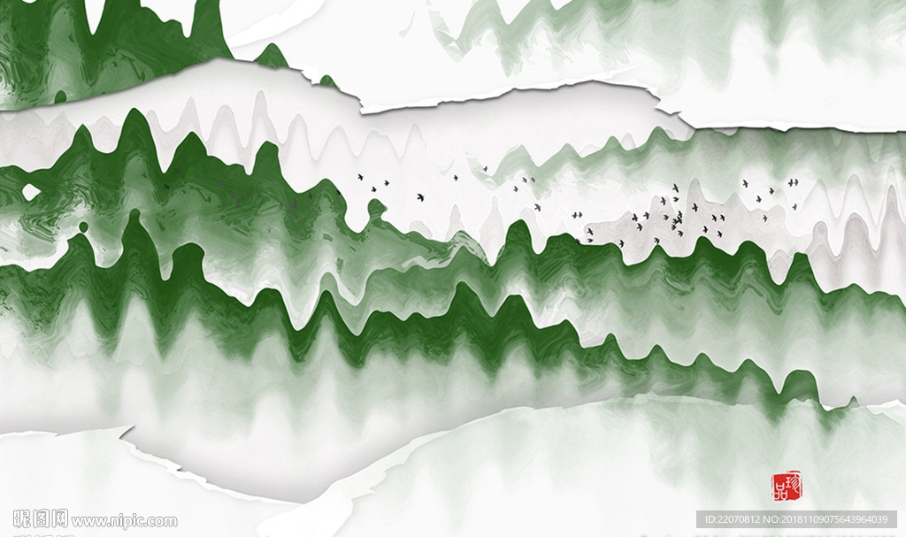 中式绿色创意波纹山峦背景墙