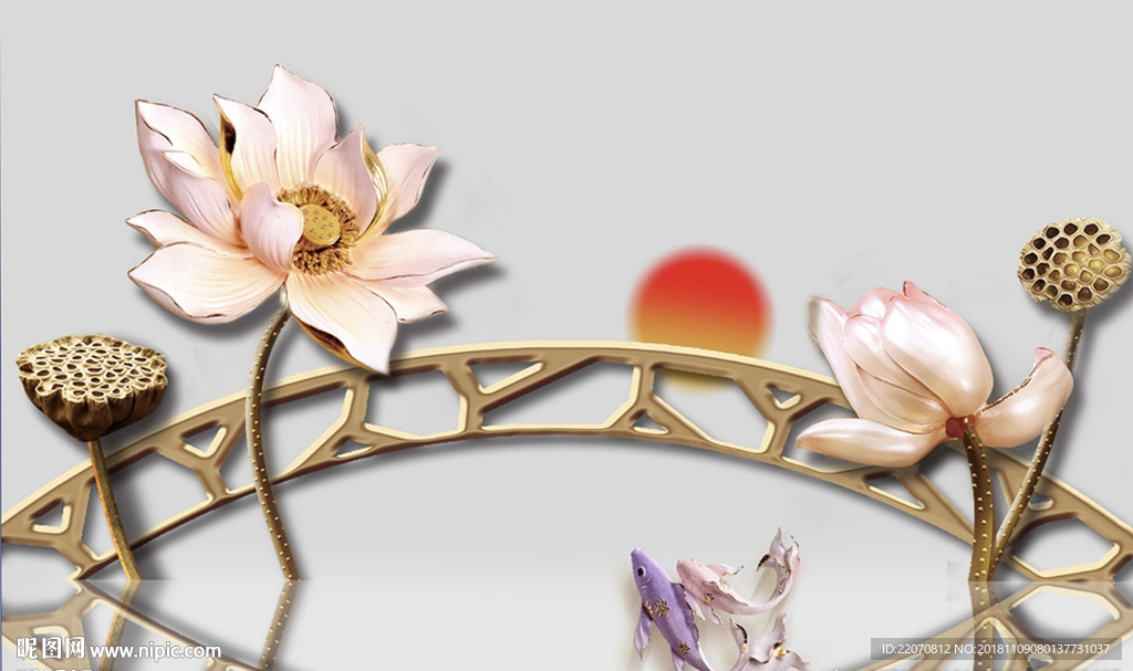 中式立体拱桥荷花池落日锦鲤背景