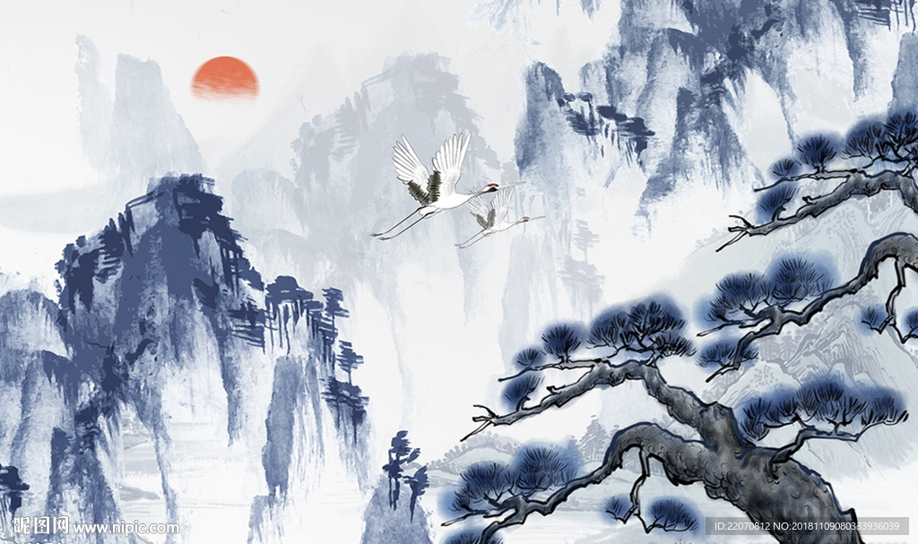 中式蓝色唯美山峦松树飞鹤背景墙