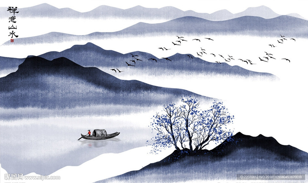 中式蓝色水墨禅意山水背景墙