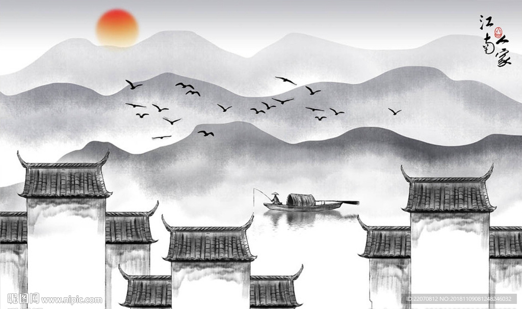 中式徽派建筑山水背景墙