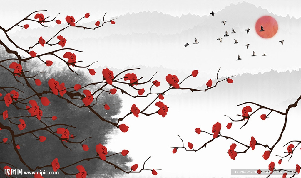 中式红色唯美花枝夕阳飞鸟背景墙