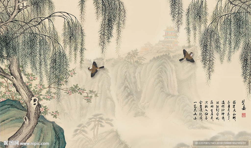 中式风柳树风景背景墙