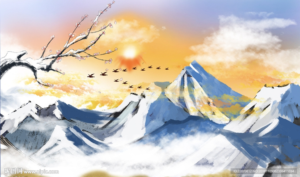 中式大气雪山景色背景墙