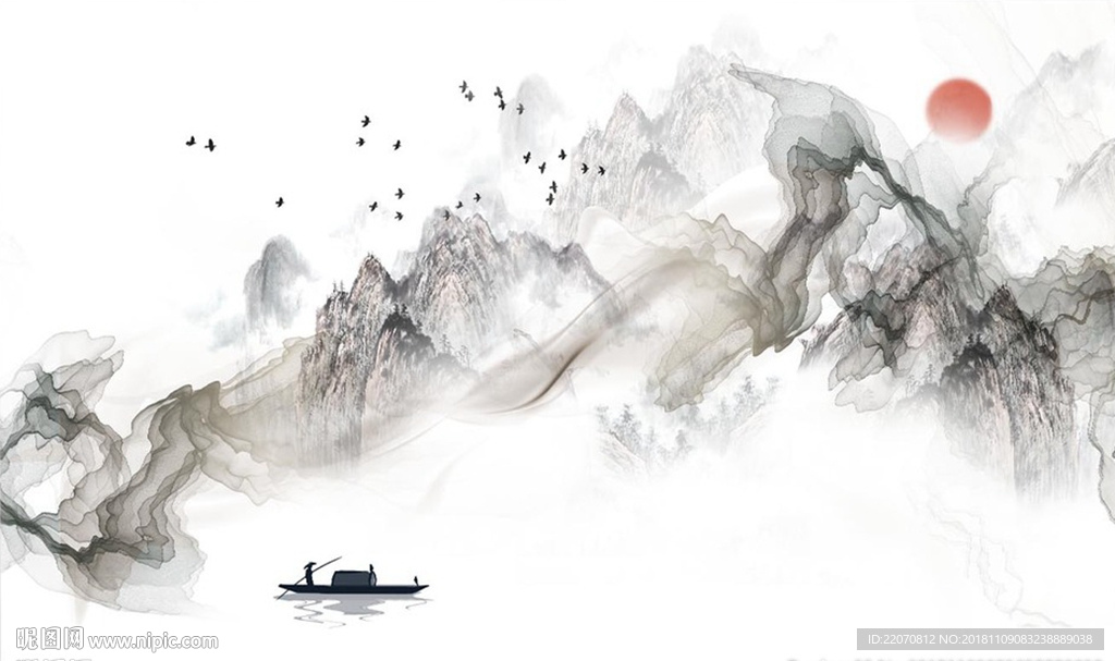 中式抽象线条小舟抽象山水背景墙