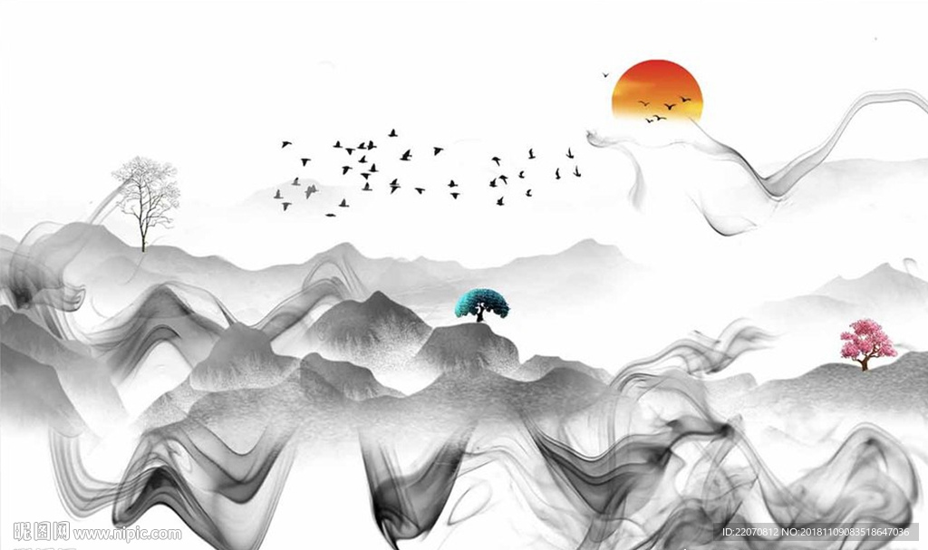 山水水墨线条飞鸟太阳背景墙