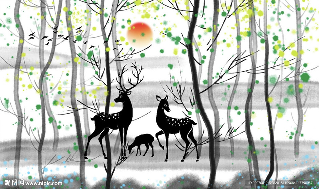 中式抽象鹿树林山水画背景墙