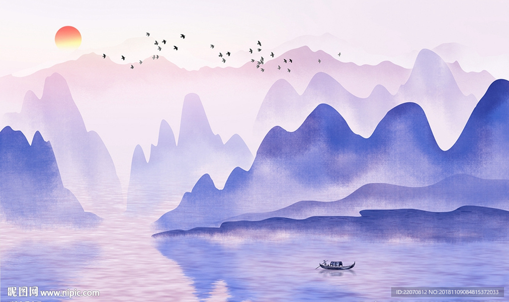 中国风意境唯美水墨山水背景墙