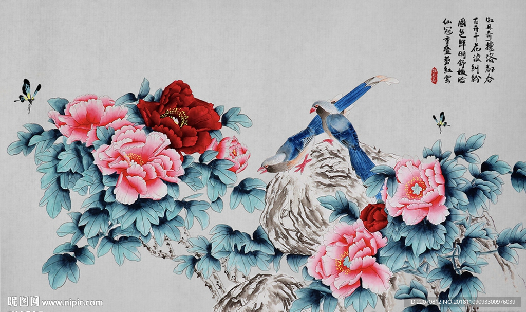 水墨手绘花鸟牡丹花开背景墙