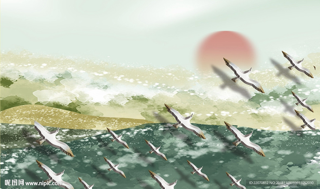 彩绘大海沙滩大雁落日背景墙