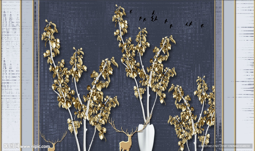 金色树叶花瓶鸟群麋鹿背景墙
