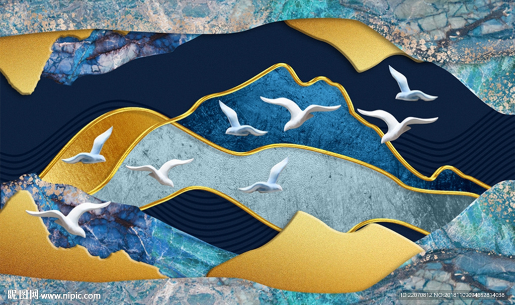 石纹山峰山水飞鸟金箔画背景墙