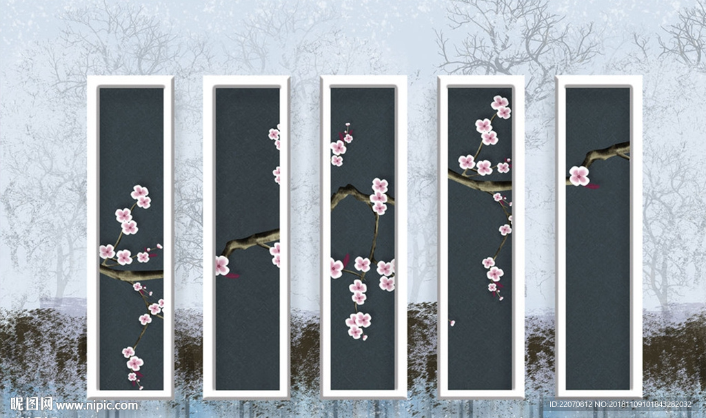 几何框梅花花枝树林背景墙