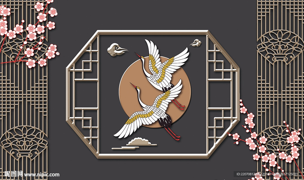 浮雕白鹤梅花铁艺背景墙