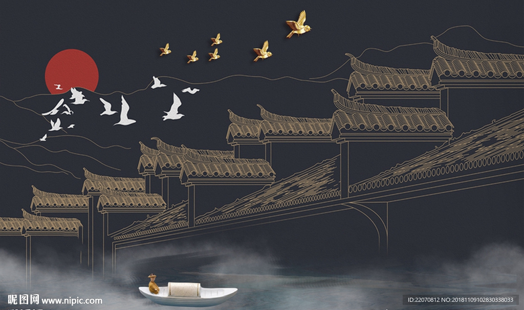 徽派建筑山水画飞鸟背景墙