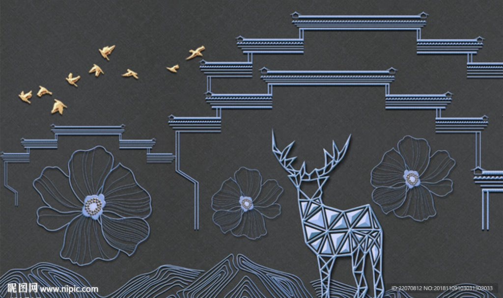 徽派建筑线条花朵小鹿飞鸟背景墙