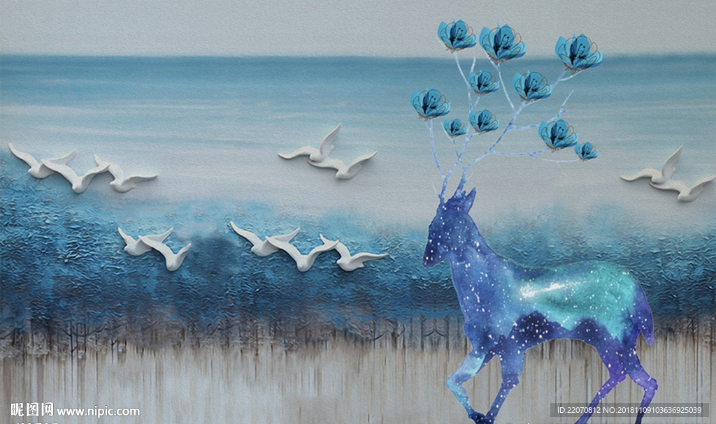 蓝色森林小鹿花卉背景墙