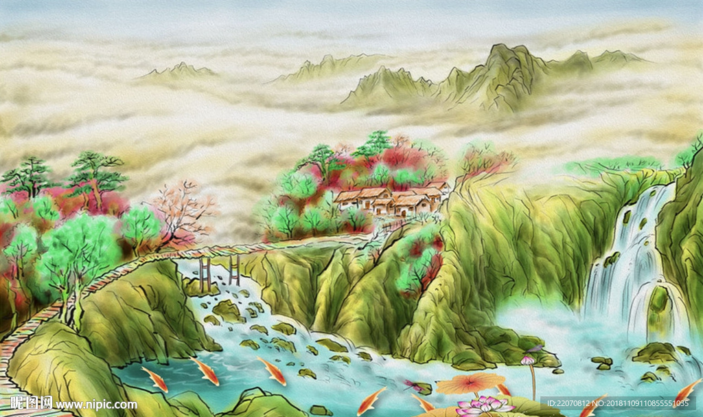 山水油画手绘山下小溪背景墙