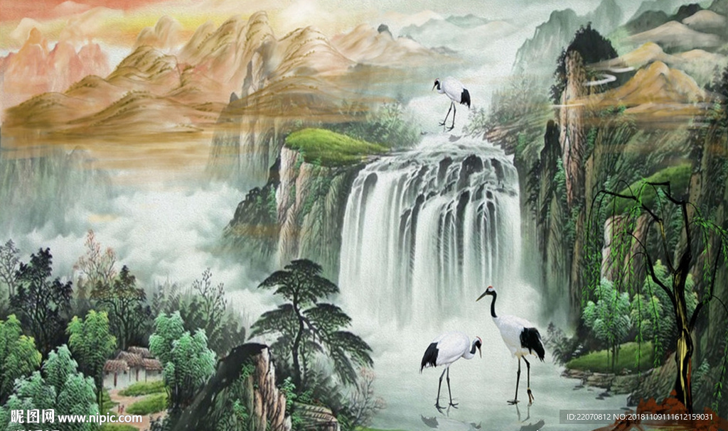 山水生财白鹤背景墙