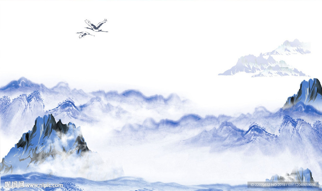 蓝色山峦水墨飞鹤背景墙
