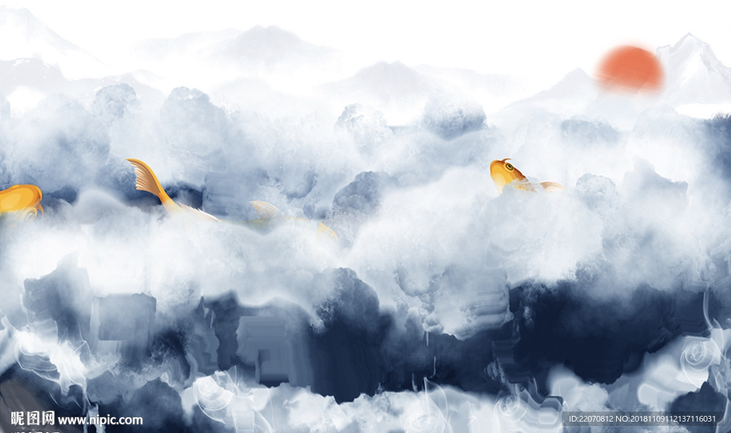 蓝色创意云雾山峦鲤鱼锦鲤背景墙