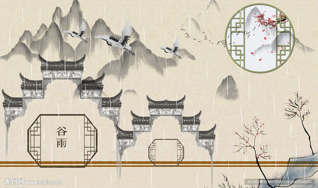 中国风山下古建筑背景墙