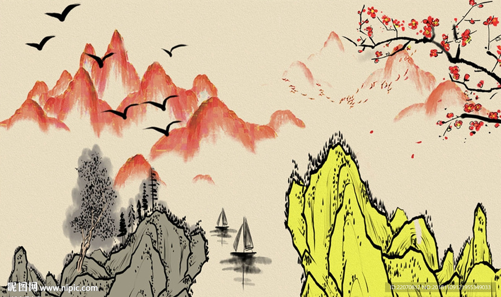 中式山水抽象彩绘梅花背景墙