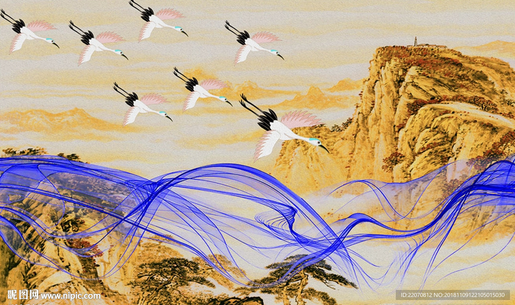 中式山川抽象意境创意白鹤背景墙