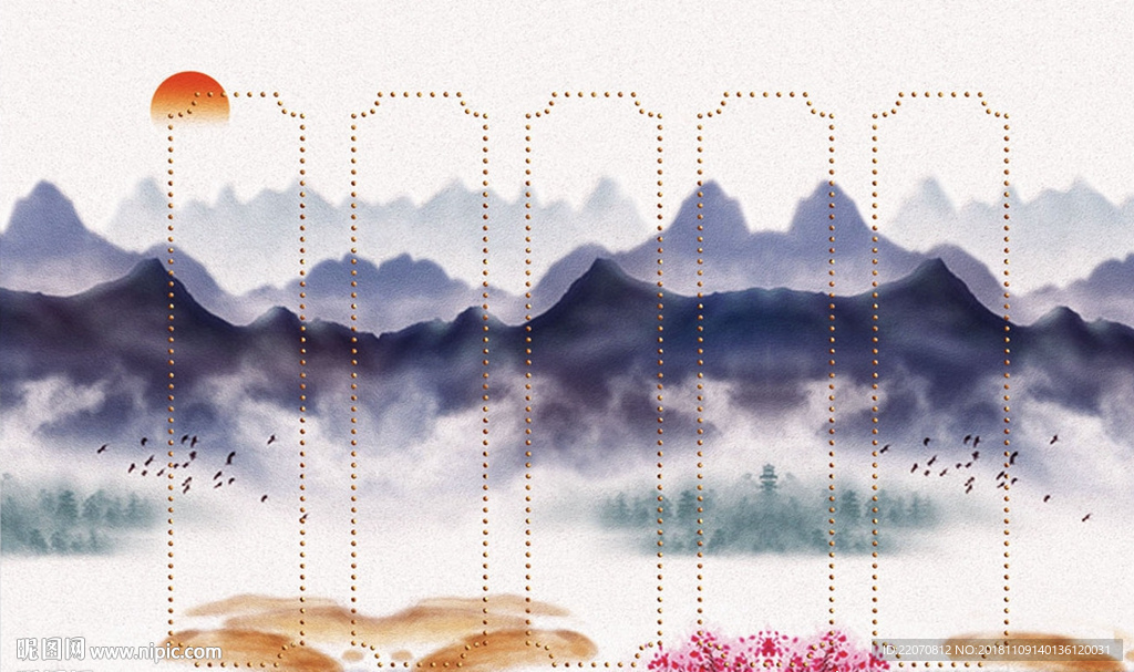 山水风景粉色花背景墙