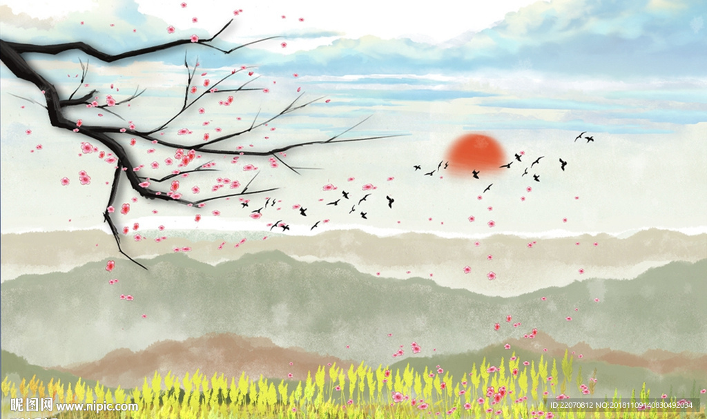 清新意境山脉花枝背景墙