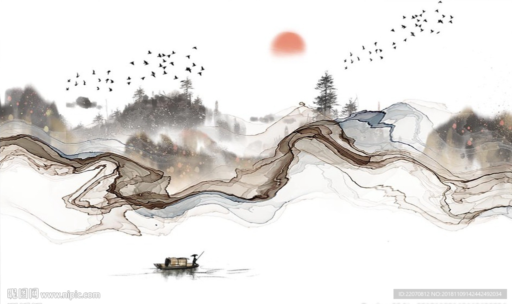 水墨烟丝飞鸟抽象山水背景墙