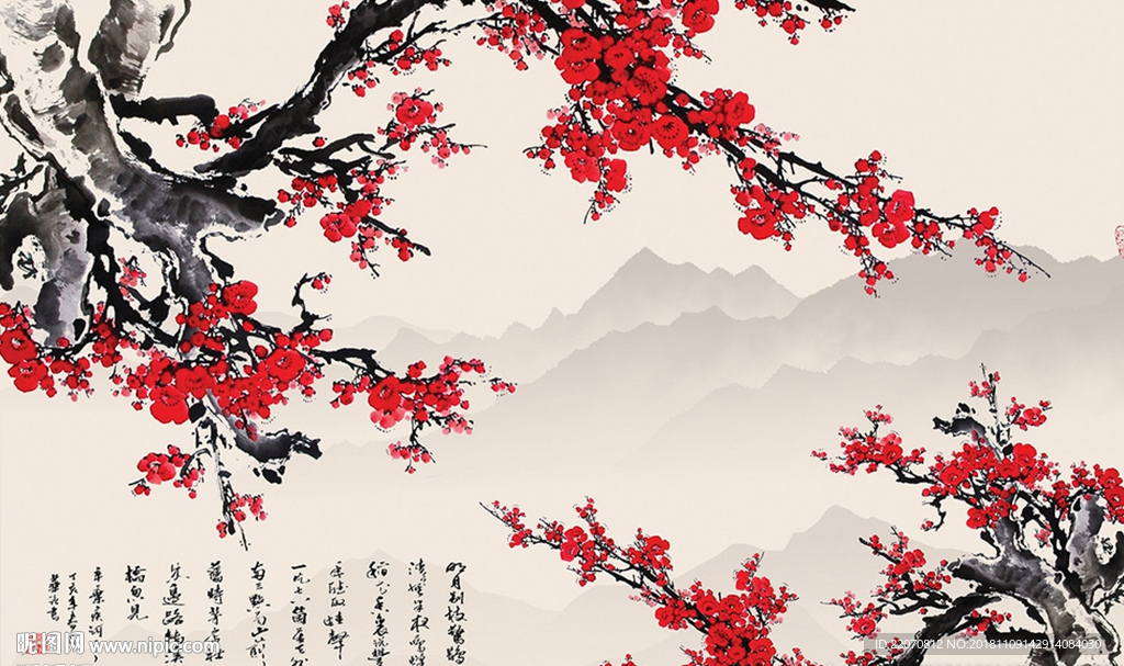 中式水墨梅花风景背景墙