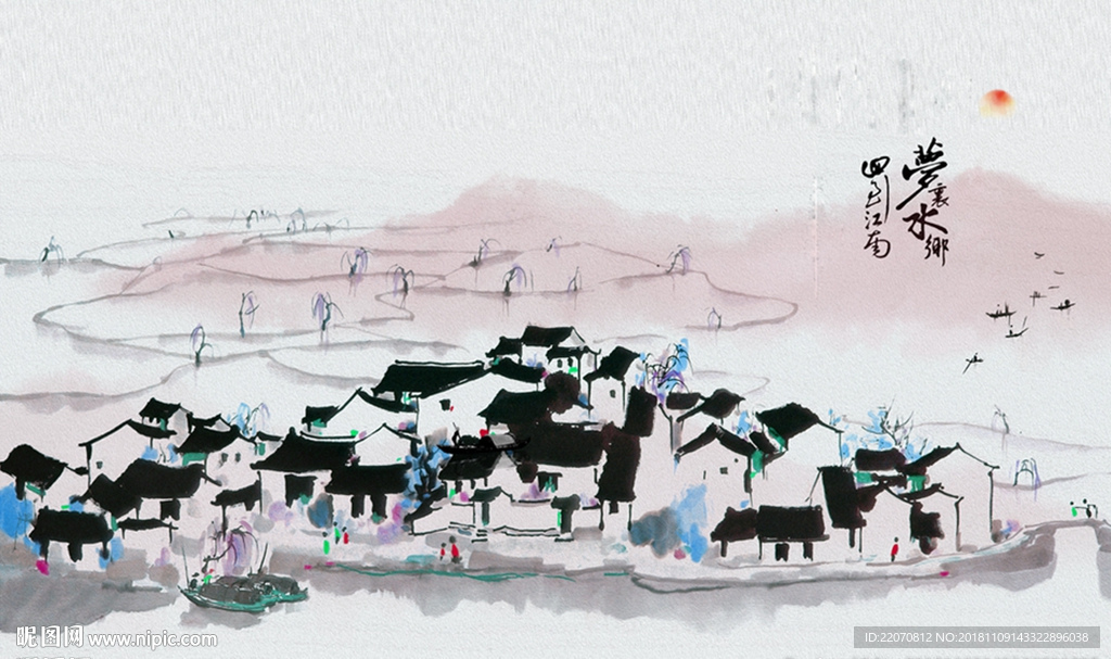 中式水墨画梦幻水乡背景墙