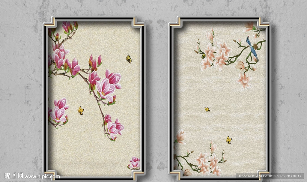 简约玉兰花枝蝴蝶背景墙