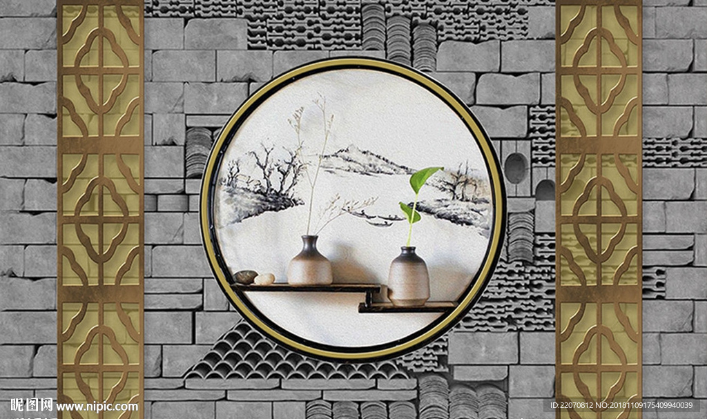 中式石砖浮雕背景墙