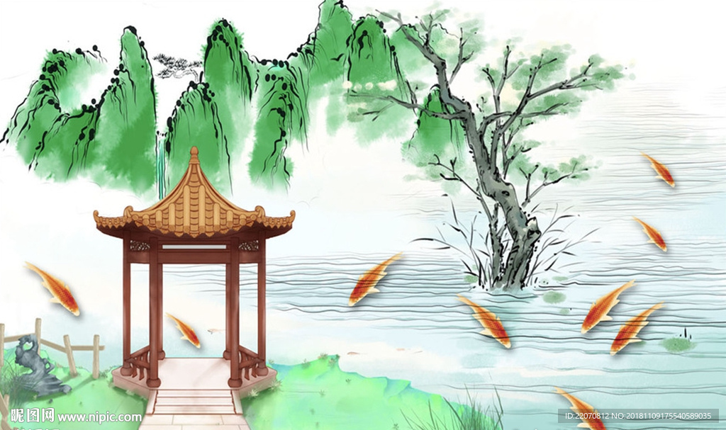 新中式山水水下亭鲤鱼背景墙