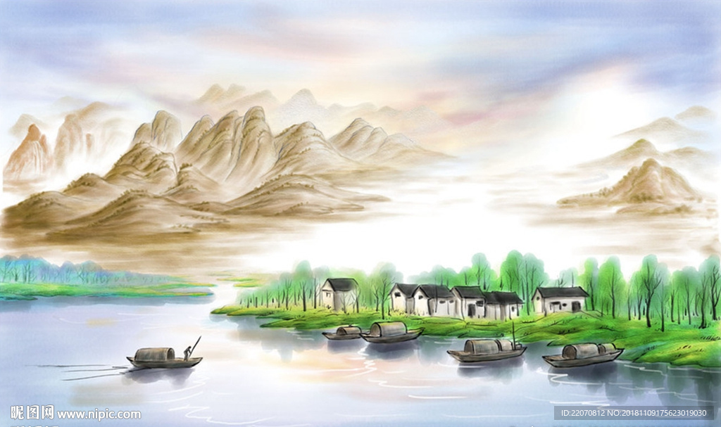 中式山水河边上村落船夫背景墙