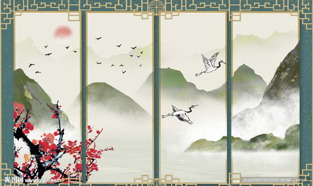 中式梅花远山大气山水背景墙